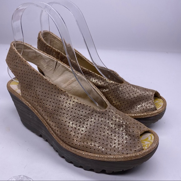 FLY London Yala Perf peep-toe wedge bronze Size 37 - Picture 1 of 5